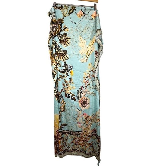 Coastal Floral Maxi Skirt Blue Wrap OS Sarang Euro Summer Preppy Boho Hippie - Picture 1 of 11